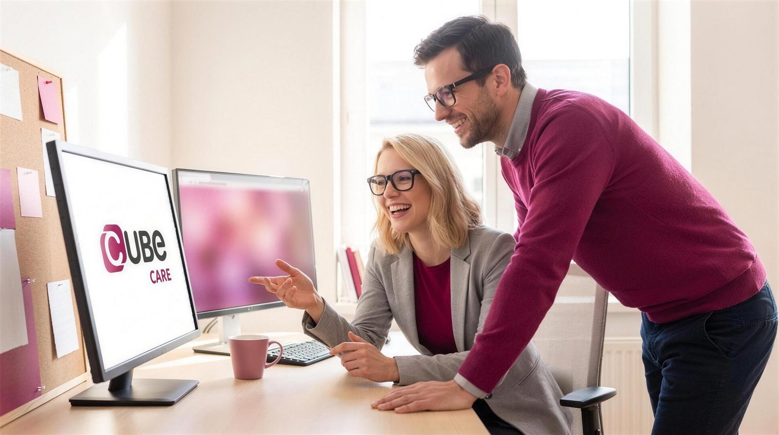 Zwei cube care Berater arbeiten an zwei Monitoren mit cube care Oberfläche