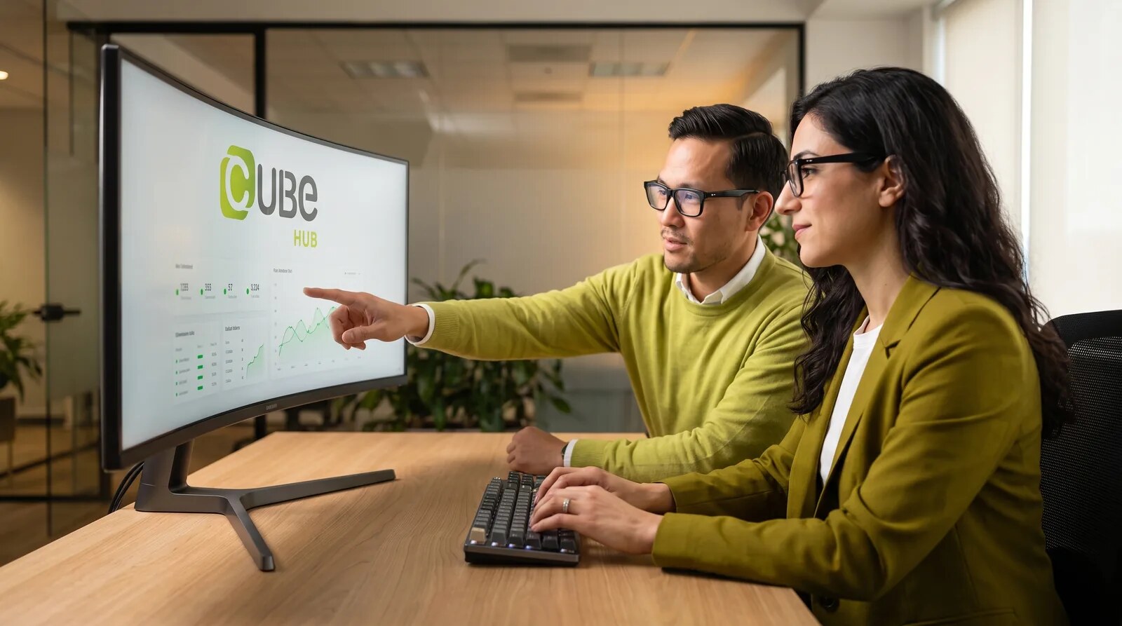 Zwei cube hub Berater arbeiten an zwei Monitoren mit cube hub Oberfläche