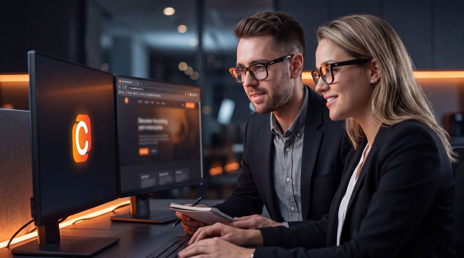 Zwei cube one Berater arbeiten an zwei Monitoren mit cube one Oberfläche