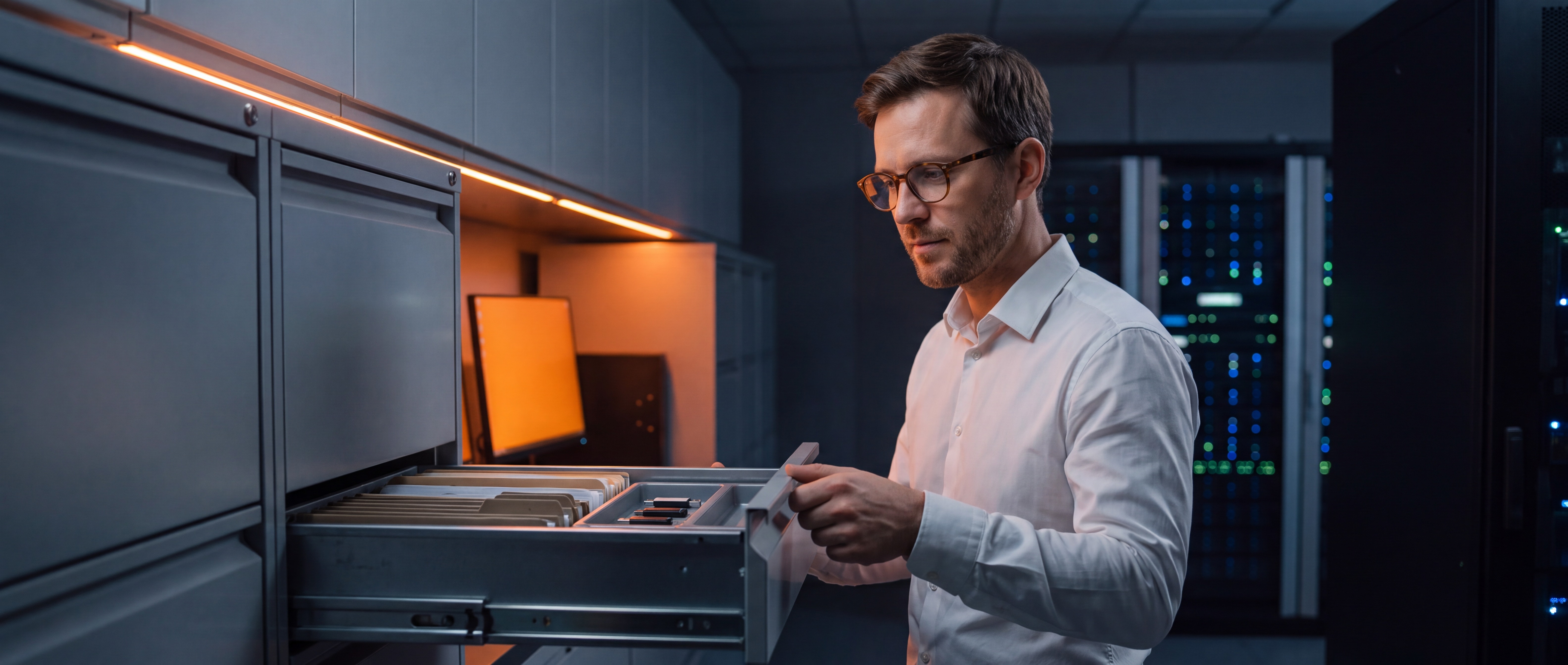 IT-Administrator öffnet eine Schublade in einer Wissensdatenbank für GxP-Systeme