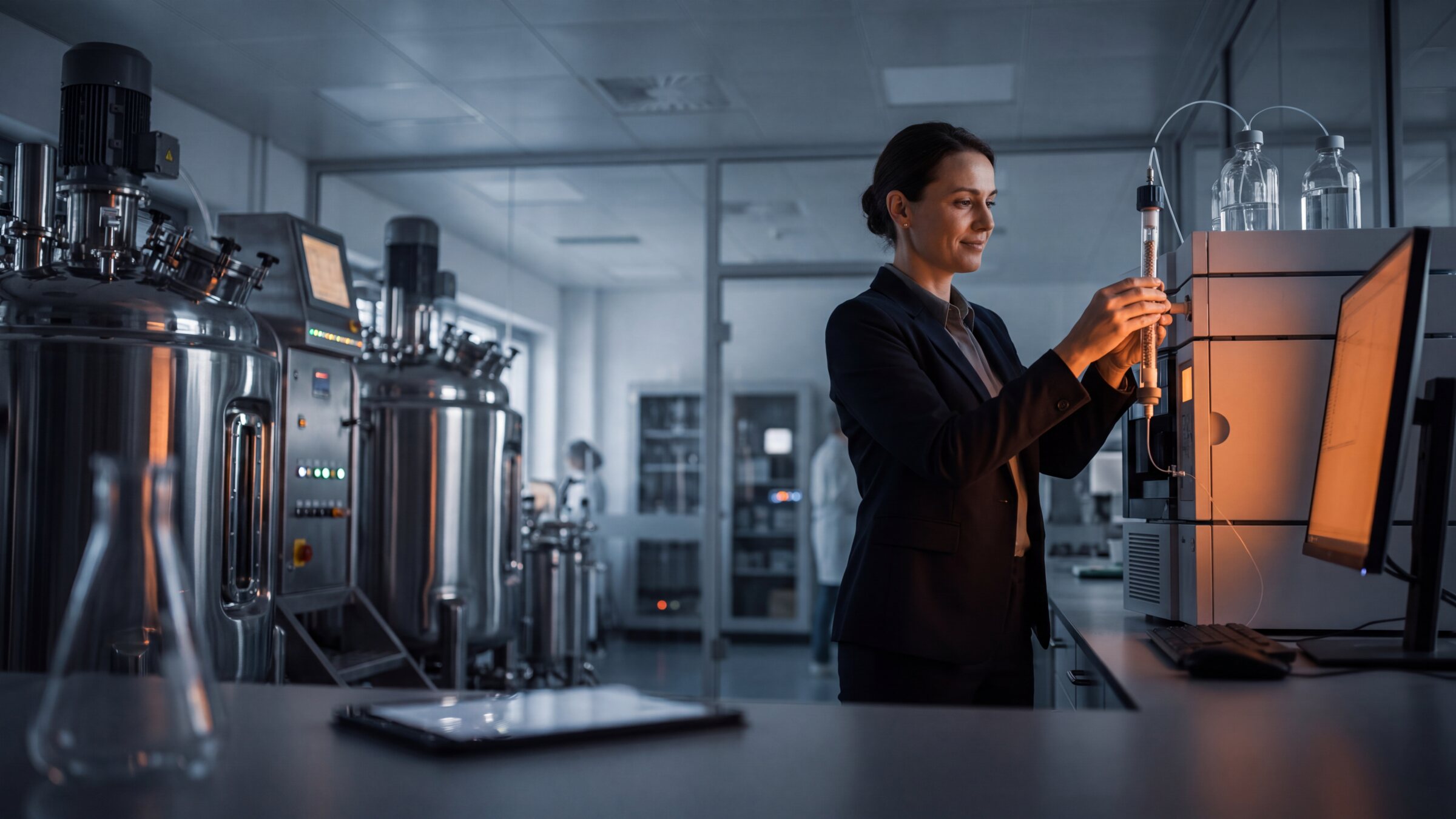 Pharmazeutische Produktion mit HPLC-Labor und Fachkraft an einem Kontrollsystem