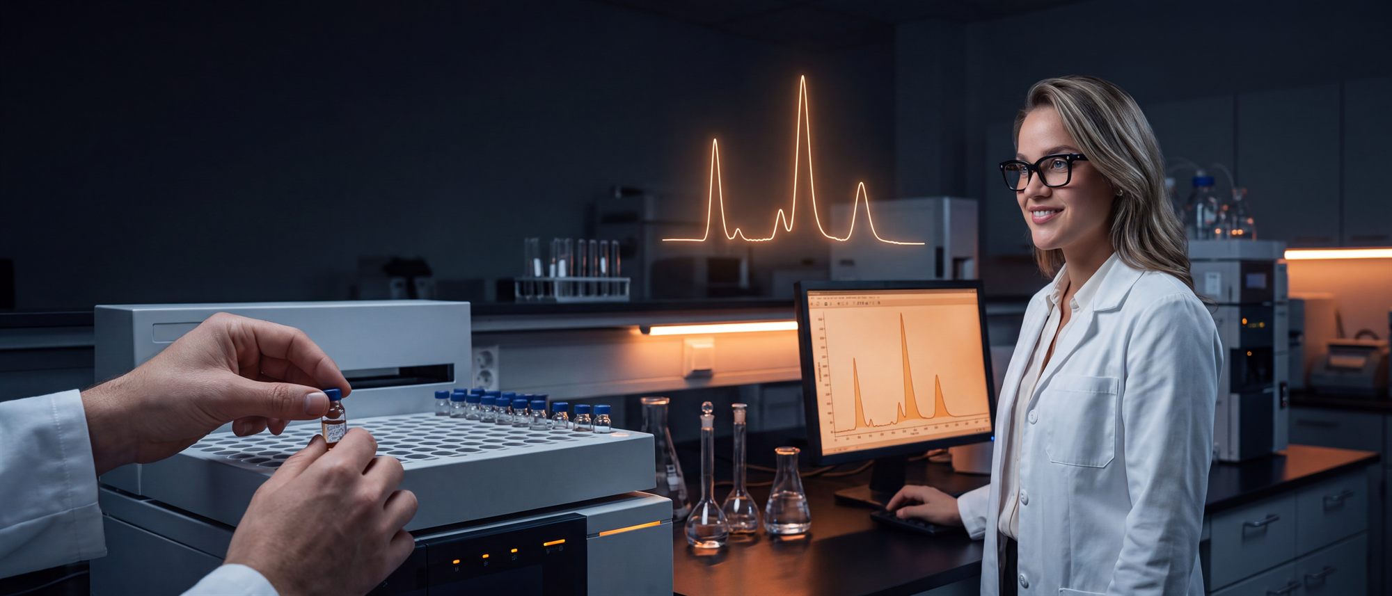 GMP-Labor mit Analystin vor HPLC und Monitoren zur Sicherung der Datenintegrität