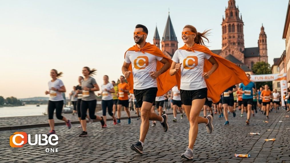 Läuferinnen und Läufer beim Firmenlauf Mainz vor der Kulisse des Mainzer Doms